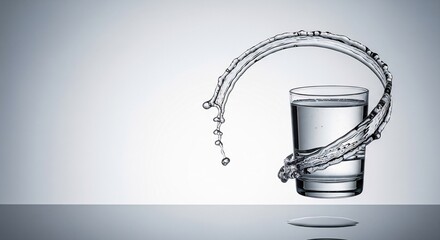 A dynamic, high-speed photograph of a clear water splash creating a perfect arch around a drinking glass, set on a reflective surface with a clean gradient background.