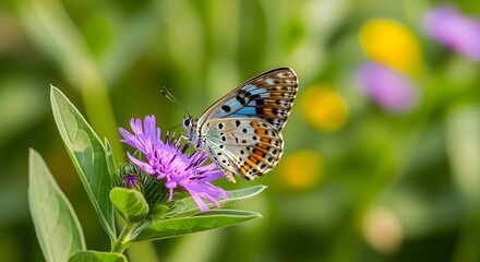 "Macro shot of colorful butterfly on wildflower, blurred natural background"