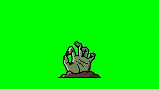 Cartoon zombie hand rises from soil against a vibrant green background