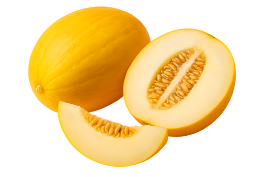 Fresh yellow honeydew melon whole and sliced isolated on transparent background