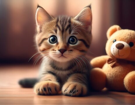 cute tabby kitten with toy bear on floor closeup cute kitty cat wallpaper generative ai