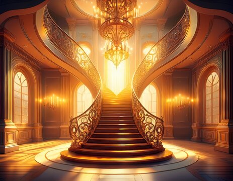 a beautiful spiral staircase an open hall with chandeliers yellow beaming light in the big hall beauty and the beast inspired
