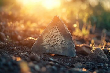 A triangular stone etched with a geometric pattern lies on the earth, bathed in golden sunlight.