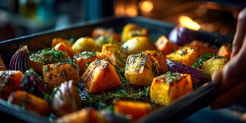 Colorful roasted vegetables with rosemary drizzled with olive oil on tray, perfect for cookbook, healthy eating