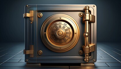 a detailed rendering of a sturdy metal safe featuring a classic golden combination lock dial and a heavy duty handle