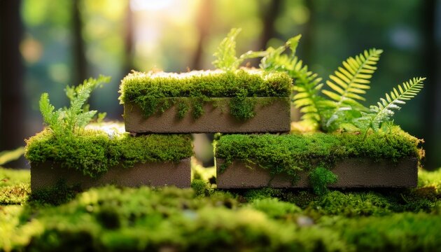 vibrant close up of eco bricks with moss and plants showcasing sustainable construction and green aesthetics