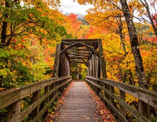 Autumnal Wooden Bridge Through Colorful Forest