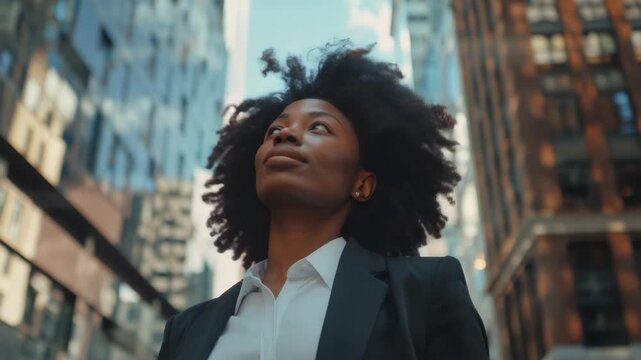 A young woman looking up at the sky while walking in a bustling city, dressed for business, conveying a sense of professional accomplishment and inspiration.