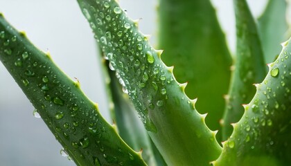 close up view of green aloe vera leaves covered in glistening water droplets after a recent rain shower the drops enhance the texture and beauty of the succulent leaves