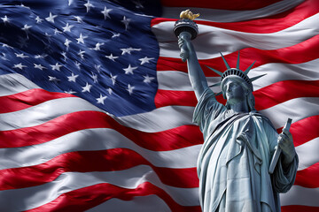 statue of liberty and flag