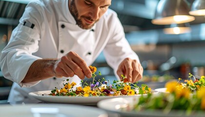 Expert chef meticulously plates a vibrant gourmet dish, adding fresh herbs and edible flowers to perfect the exquisite culinary presentation in a sophisticated fine dining setting