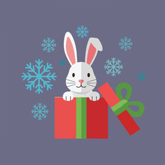 A graphic cartoon of a white rabbit sits in a red gift box with a green bow with snowflakes scattered on a purple background.