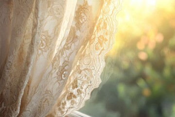 Elegant lace curtains filter the sunlight, creating a warm, inviting atmosphere with a glimpse of nature outside the window.