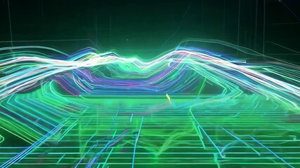 Dynamic neon grid landscape with abstract light trails creates futuristic digital data flow visualization - Powered by Adobe
