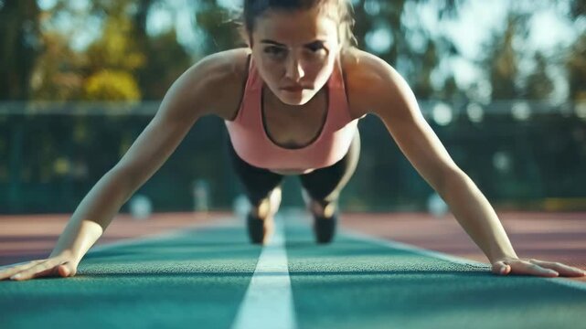 Athlete on track, stretching hamstrings.