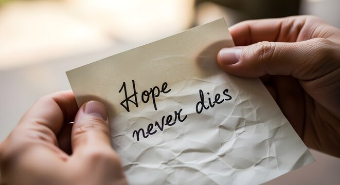 Hope Never Dies, Person holding handwritten note with message of hope, soft focus