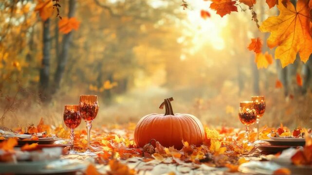 Autumn harvest scene with pumpkin and glasses surrounded by vibrant fall leaves in sunlit forest, concept of thanksgiving day celebration