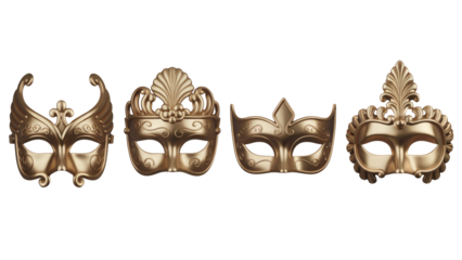 Elegant golden masquerade masks for a festive celebration, party, or Venetian carnival ball        transparent PNG, isolated background