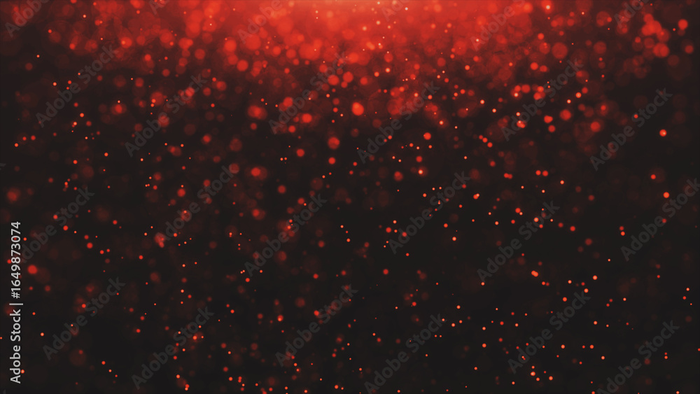 Poster red particles moving background. fast energy flying wave. particle red dust flickering on black back
