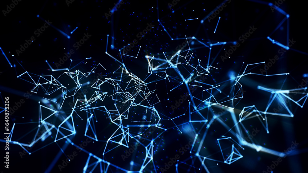 Poster abstract background of neon blue moving lines connected to form a plexus. science and technology, ne