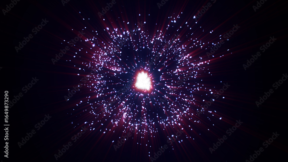 Poster magical sphere on a blue background with red rays emanating from the sphere. 3d render of abstract a