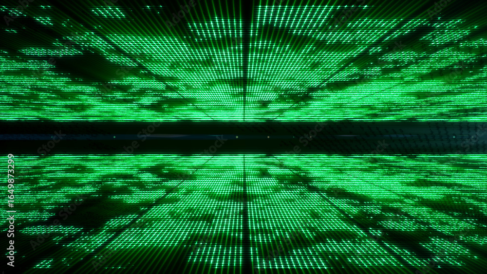 Poster 3d abstract retro green neon grid. wireframe sci-fi futuristic background 80s 90s video game style. 