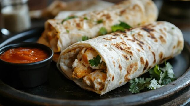 Delicious Indian street food dish consisting of tandoori chicken wrapped in flatbread and garnished with herbs. Served with a side of spicy dipping sauce.
