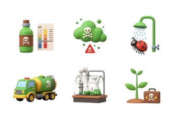 3d icon of set of 3d cartoon icons depicting chemical hazards and scientific elements, isolated on transparent background