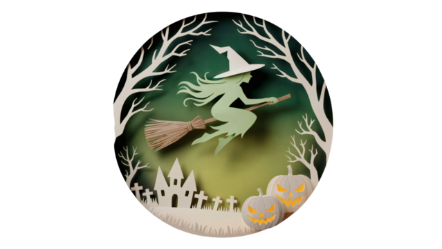 Whimsical witch soaring through Halloween night, pumpkins and haunted house, spooky season vibes transparent PNG, isolated background - Powered by Adobe
