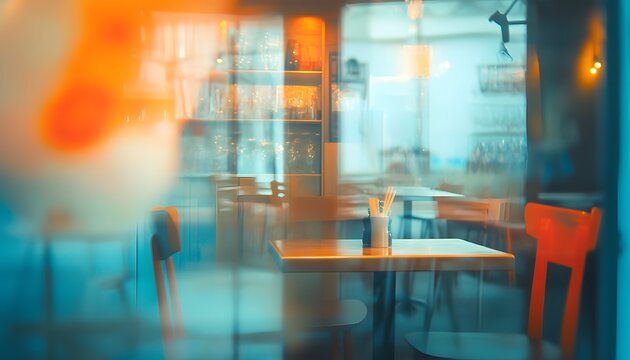 The blurred interior of a cafe features tables and chairs, illuminated by bright, warm lighting and cool blue tones. - Powered by Adobe