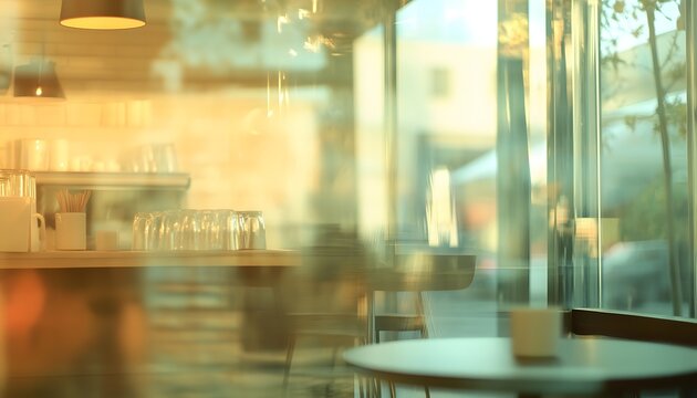 An interior view of a cafe is blurred with reflections on a glass window, showing lights, tables, and elements of the counter.