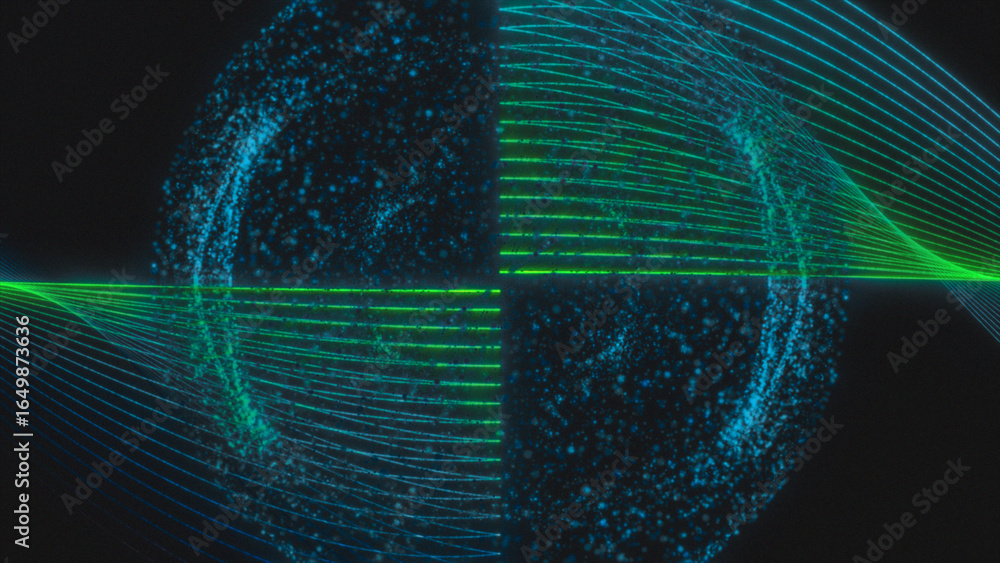 Poster a science fiction sphere with particles moving rapidly towards the center on a background of green g