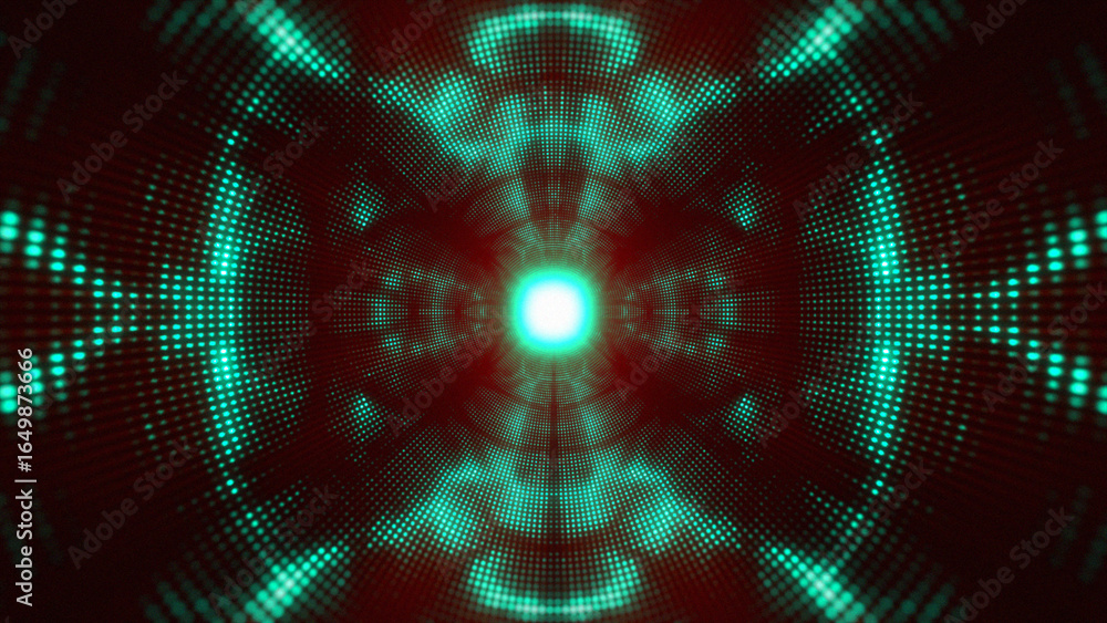 Poster abstract 3d portal. space tunnel or wormhole. digital background with connected green dots with red 