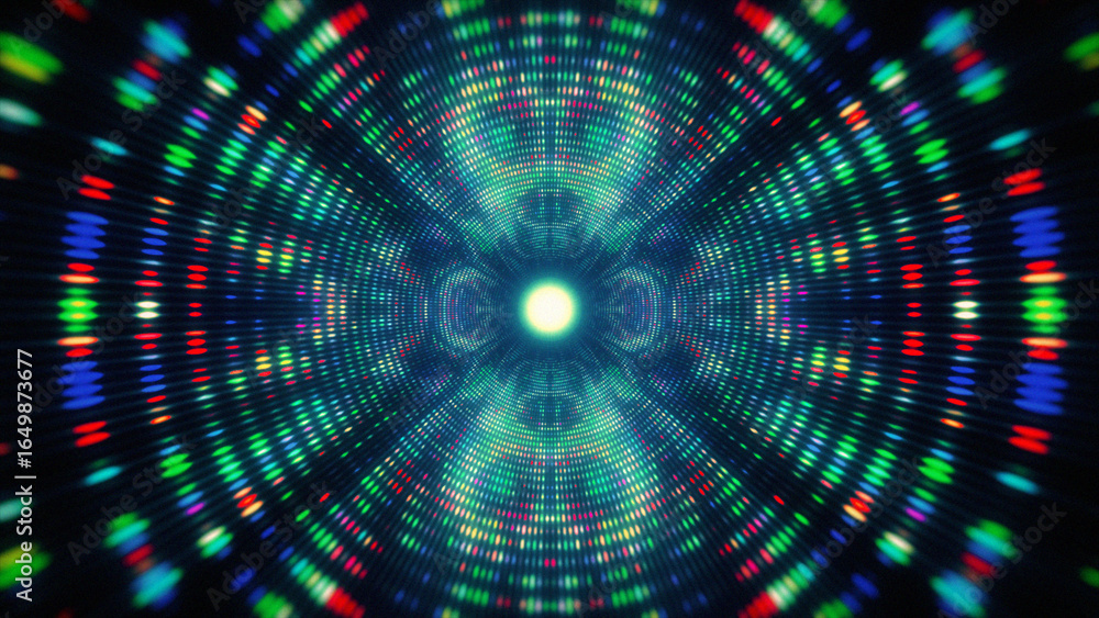 Poster speed motion into neon glowing technologic tunnels consist of many colorful dots. abstract backgroun