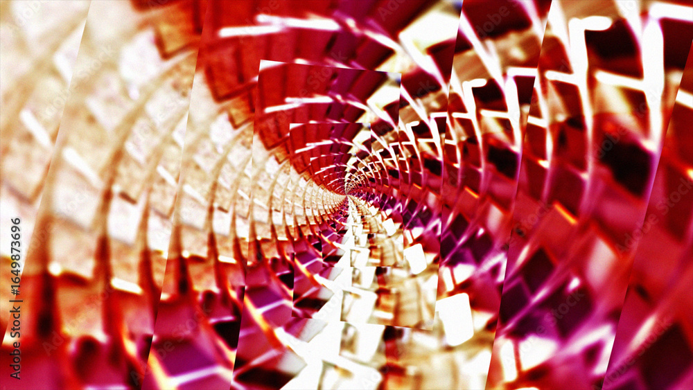 Poster a rotating red metal tunnel with walls of ribs and lines with reflections of luminous sunbeams. abst