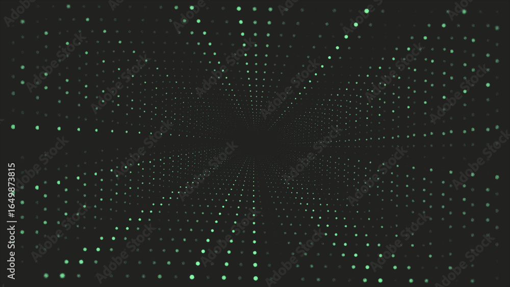 Poster abstract animation with numerous tiny green dots on a dark gray background, creating a subtle visual