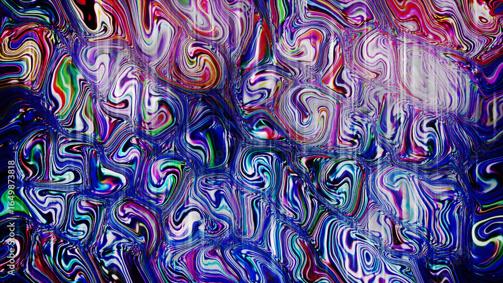 Poster super slow bright, colorful abstract image of many twirl small moving in gradient of rainbow colors 