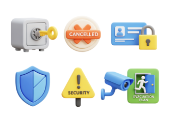 3d icon of security and safety icons, including a safe with key, cancelled stamp, id card, padlock, shield, warning sign, and evacuation plan camera, isolated on transparent background
