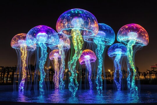 A group of bioluminescent jellyfish sculptures are standing in shallow water at night and illuminated in vibrant colors. - Powered by Adobe