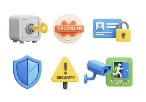 3d icon of security and safety icons, including a safe with key, cancelled stamp, id card, padlock, shield, warning sign, and evacuation plan camera, isolated on transparent background