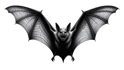 Terrifying bat with detailed wings mid-flight, perfect for gothic designs and Halloween themes transparent PNG, isolated background