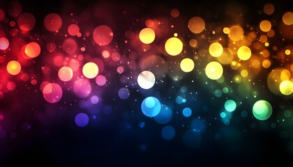 This abstract background features a vibrant rainbow color gradient with blurred light bokeh circles and sparkling particles, creating a luminous effect.