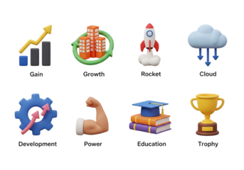 3d icon of collection of 8 3d icons representing business growth, success, finance, technology, and education concepts isolated on transparent background