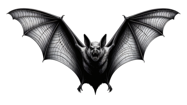Terrifying bat with detailed wings mid-flight, perfect for gothic designs and Halloween themes transparent PNG, isolated background