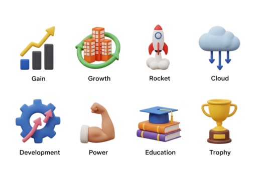 3d icon of collection of 8 3d icons representing business growth, success, finance, technology, and education concepts isolated on transparent background