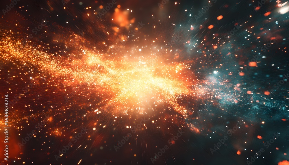 Poster this abstract background features a vibrant explosion of glowing orange, red, and blue particles, cr
