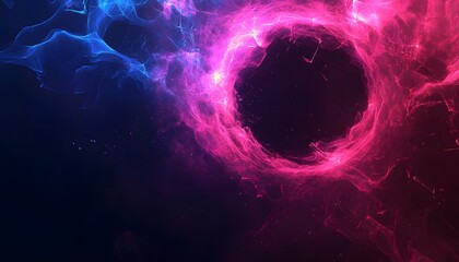An abstract image displays a swirling circular energy field glowing in vibrant pink and magenta hues, bordered by a soft blue aura on a dark background.