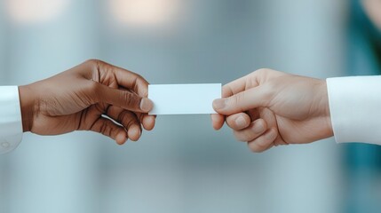 Two hands, one dark-skinned and one light-skinned, exchange a blank white business card against a blurred background.