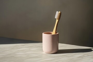 A bamboo toothbrush stands upright in a pink speckled holder, resting on a marble-like surface in soft, natural light.