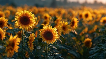 sunflower field glowing in golden hour light with soft breeze